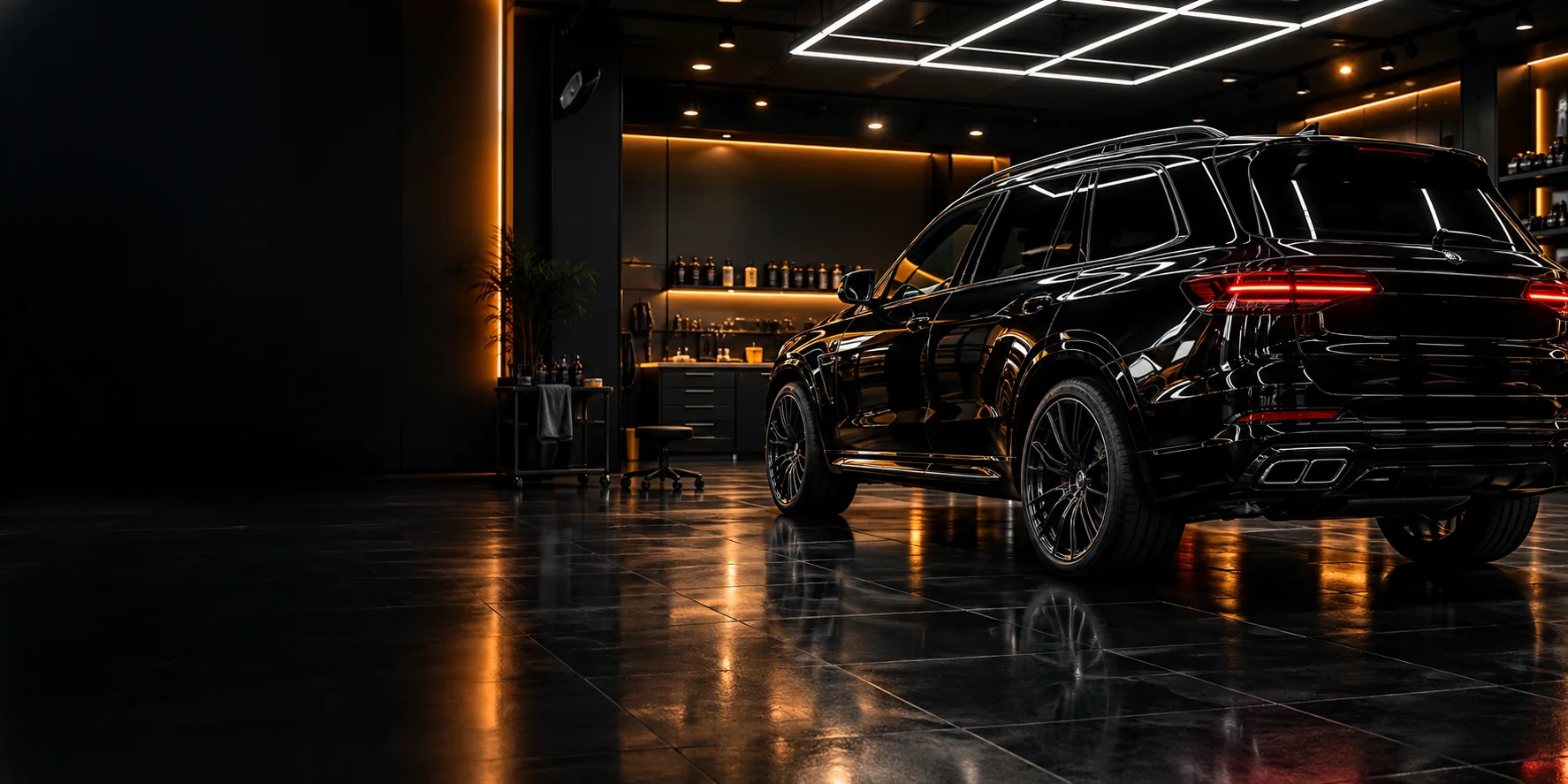 Black SUV in a cinematic detailing studio; AI-generated brand illustration