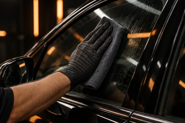 Illustration of a gloved hand cleaning a car window